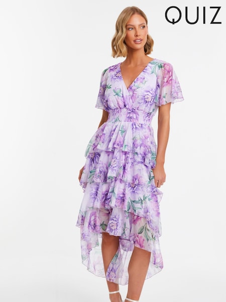Quiz Purple Chiffon Floral Dip Hem Tiered Midaxi Dress (172038) | €18