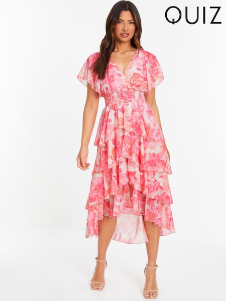 Quiz Pink Floral Print Chiffon Tiered Midi Dress With Angel Sleeve (172120) | €21