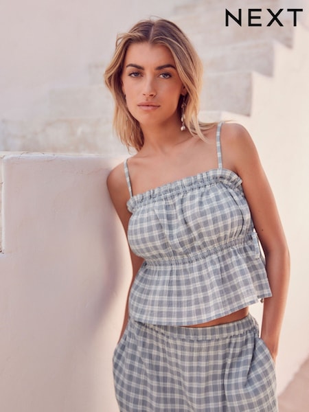 Blue Checked Cheesecloth Ruched 100% Cotton Top (172149) | €7