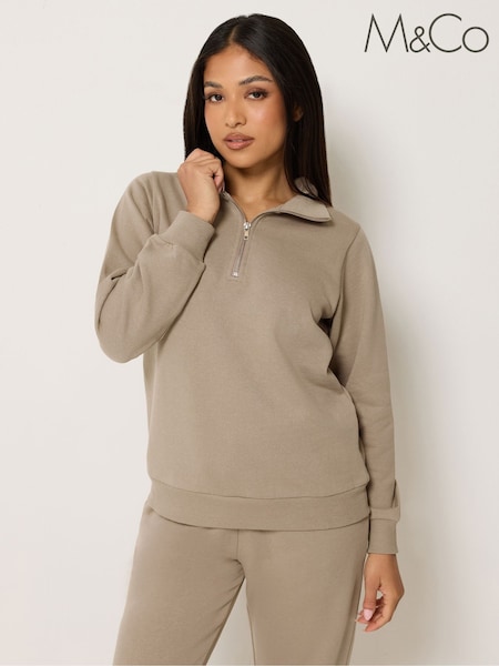 Mocha Brown - M&co Petite Half Placket Sweatshirt