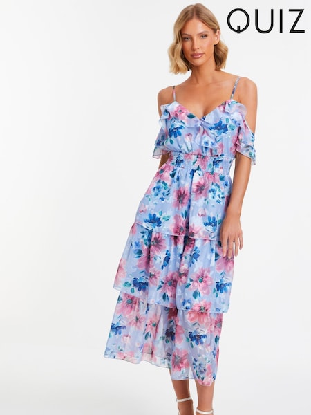 Quiz Blue Floral Chiffon Cold Shoulder Tiered Midi Dress (172209) | €19