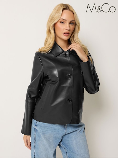 Black - M&co Premium Real Leather Collared Jacket