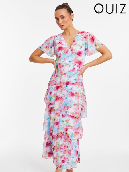 Quiz Floral Chiffon Maxi Dress With Frill And Angel Short Sleeve (172236) | ‏153 ر.س.‏