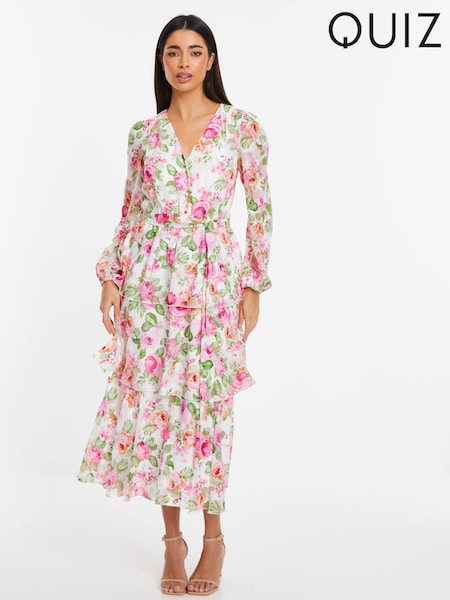 Quiz Floral Chiffon Tiered Midi Dress With Tie Waist Belt Floral (172250) | ‏210 ر.س.‏