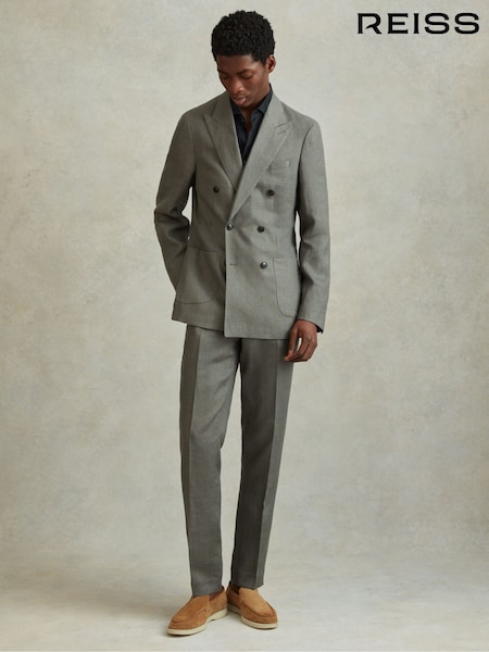 Reiss Dark Sage Halgas 100% Linen Side Adjuster Slim Fit Trousers (172534) | 1,235 QAR