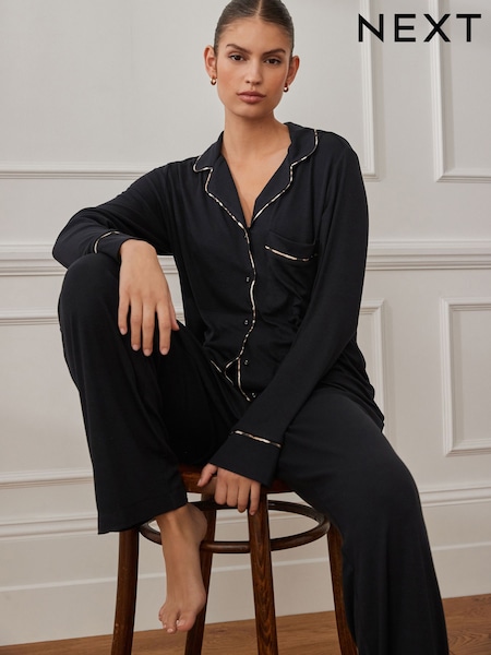Black Ribbed Button Through Pyjamas (172550) | R$ 315