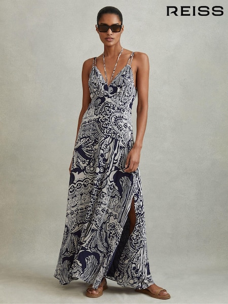 Reiss Navy Quinn Printed Strappy Resort Midi Dress (172663) | 1,676 QAR