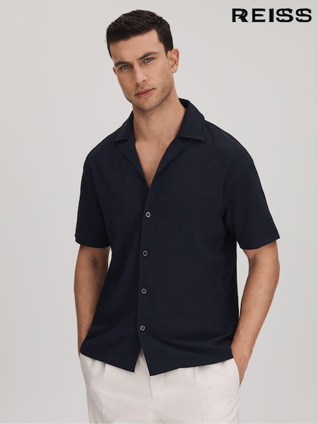 Reiss Navy Hunt Textured Crepe Cuban Collar Shirt (172717) | €99