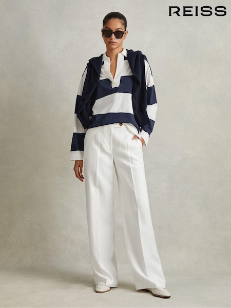 Reiss Navy/Ivory Abigail Striped Cotton Open-Collar Jumper (172729) | AED706