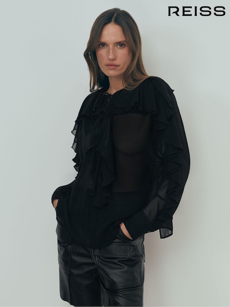 Reiss Black Kiani Atelier Silk Ruffle Blouse (173042) | 2,536 QAR