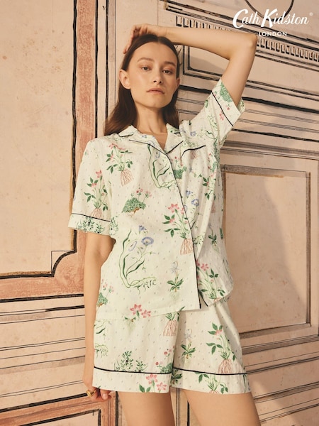 Ecru Roots Print - Cath Kidston 100% Cotton Poplin Button Through Pyjama Shorts Set (173252) | 217 LEI