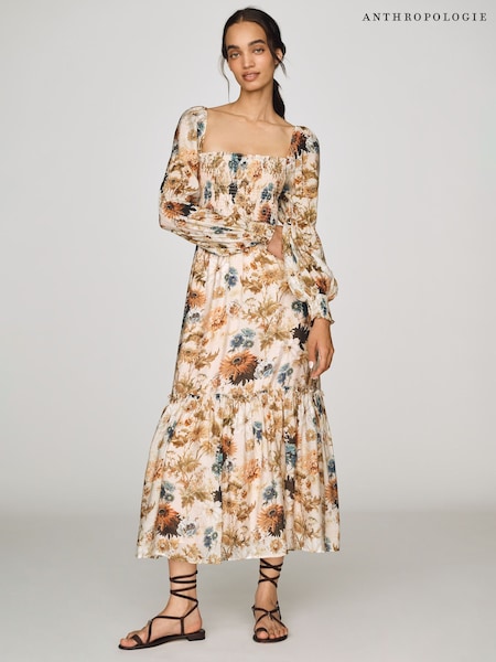 זהב - Anthropologie Puff-sleeve Midi Dress