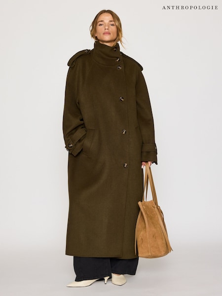 Green - Anthropologie Funnel-neck Wool-blend Maxi Coat