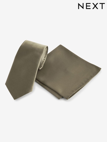 Olive Green Satin Tie And Pocket Square Set (173543) | €9