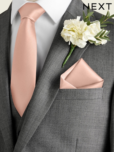 Peach Pink Silk Tie And Pocket Square Set (173566) | €14
