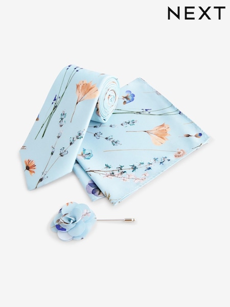 Голубой с прессованными цветами - Tie, Pocket Square And Pin Set (173576) | €21