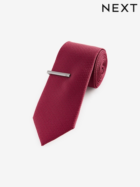 Red Slim Textured Tie And Clip Set (173684) | €10