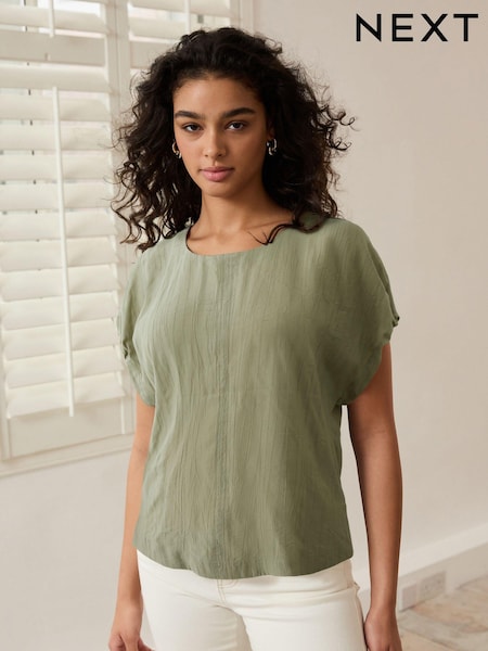 Salbeigrün - Gathered Short Sleeve Textured Boxy T-Shirt (173916) | 7 €