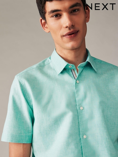 Mint Green Regular Fit Trimmed Linen Blend Short Sleeve Shirt (173933) | AED74