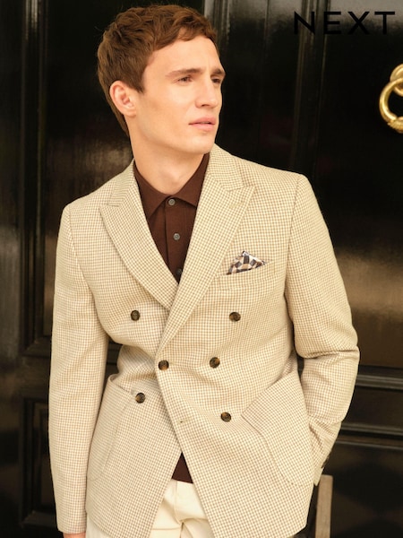 Neutral Double Breasted Wool Blend Dogtooth Blazer (174231) | €41