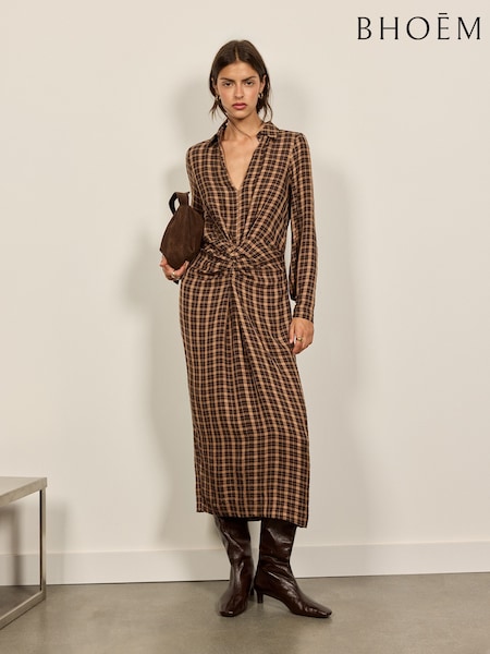 বাদামী - Checked Draped Midi Shirt Dress