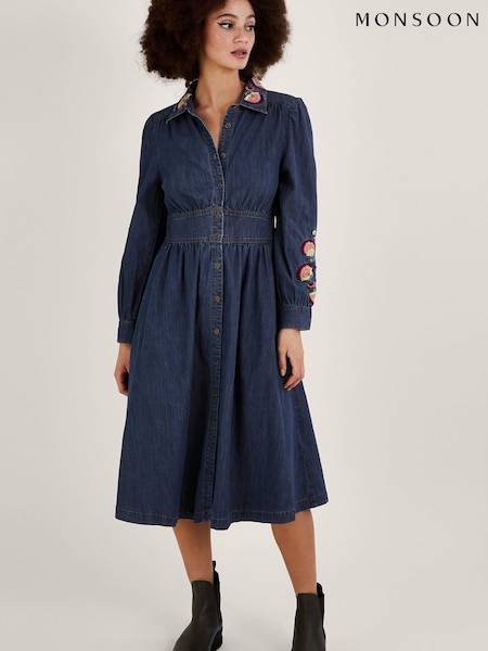 Monsoon Blue Embroidered Denim Midi Shirt Dress (176881) | €51