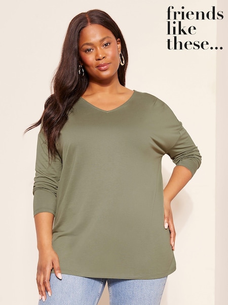 Friends Like These Khaki Green Curve Soft Jersey V Neck Long Sleeve Tunic Top (177183) | €31