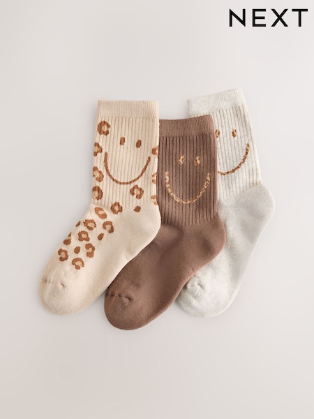 Brown/Cream Leopard - Cotton Rich Cushioned Sole Ankle Socks 3 Pack