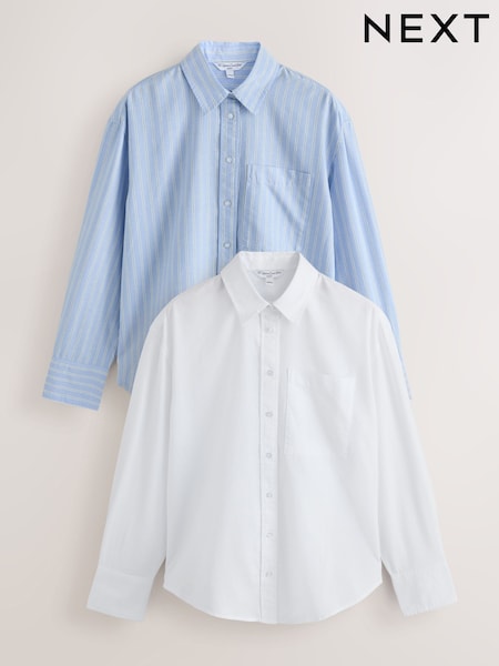 White and Blue/White Stripe - Relaxed Cotton Long Sleeve Shirt 2 Pack