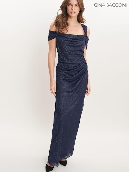 Gina Bacconi Blue Shree Cold Shoulder Glitter Mesh Dress With Draped Skirt & Cowl Neckline (179066) | €176
