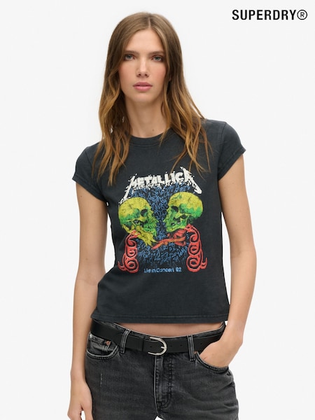 Superdry Black Metallica Cap Sleeve T-Shirt (179076) | 74 QAR