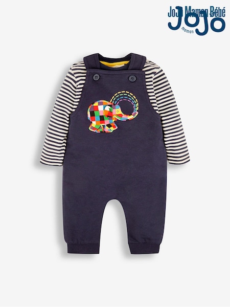 JoJo Maman Bébé Navy Elmer Appliqué Dungarees & Stripe Top Set (179327) | €48