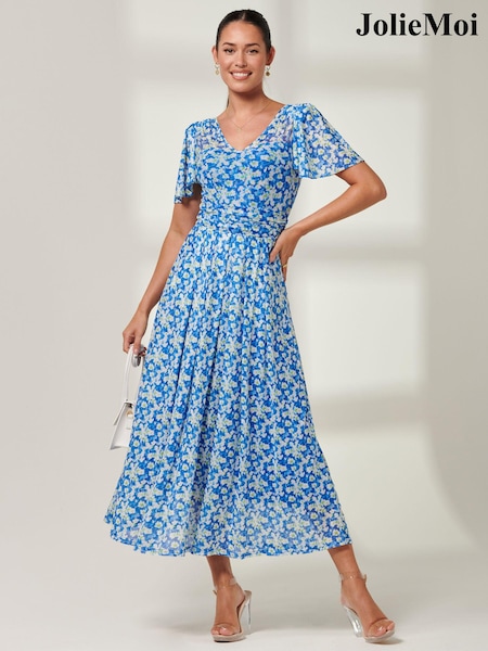 Jolie Moi Blue Bianca V-Neck Pleated Mesh Maxi Dress (179348) | €58