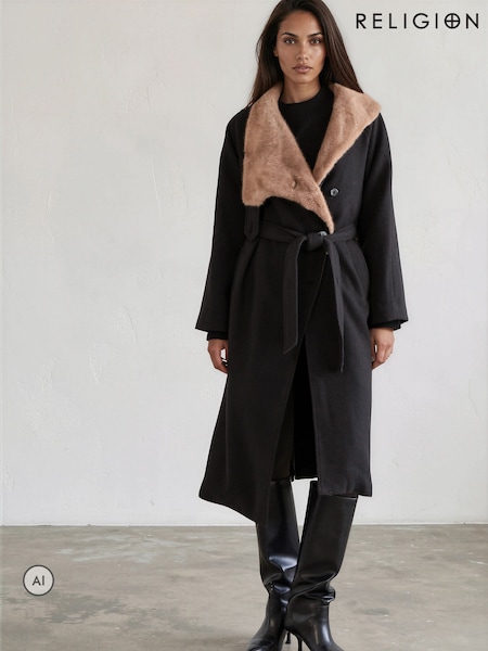 Black - Religion Lily Long Coat With Faux Fur Funnel Collar And Tie Waist Belt In Wool Mix