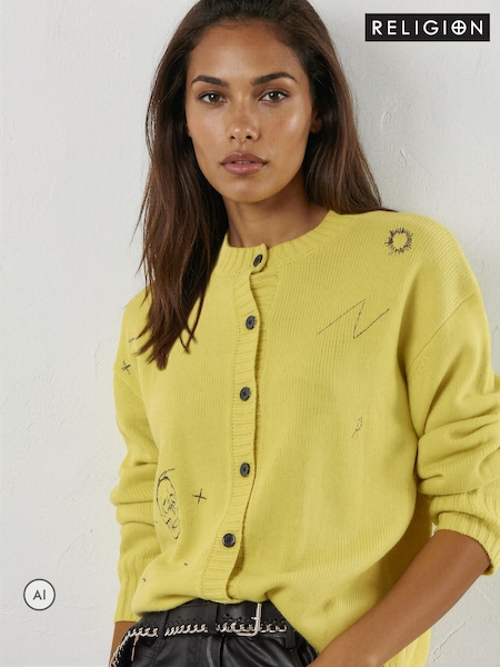 Yellow - Religion Cute Mini Maddie Cardigan With Embroidery Designs