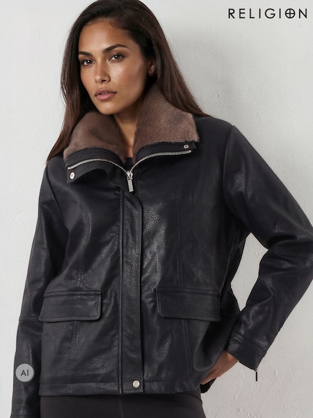 Black - Religion Leather Rey Jacket With Funnel Neck Fur Collar
