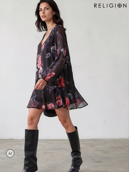 Juoda - „Religion The Edie“ tunikos mini suknelė su drąsiu fasado raštu ir rankovėmis su rankogaliais