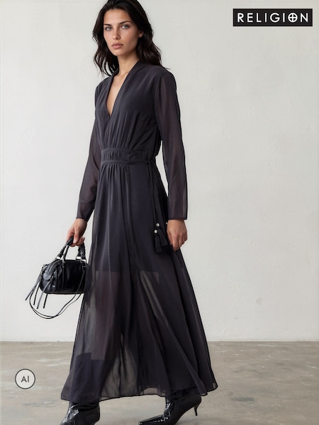 Black - Religion Alfa Maxi Dress With Tassle Tie Waist Band And Sheer Sleeves