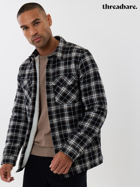 Black - Regular Threadbare Cotton Flannel Sherpa Lined Shacket