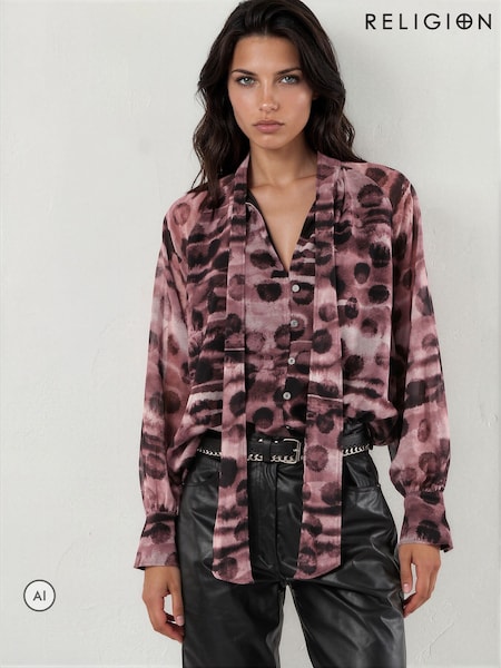 Red - Religion Liv High Neck Button-thru Blouse With Tie Sash