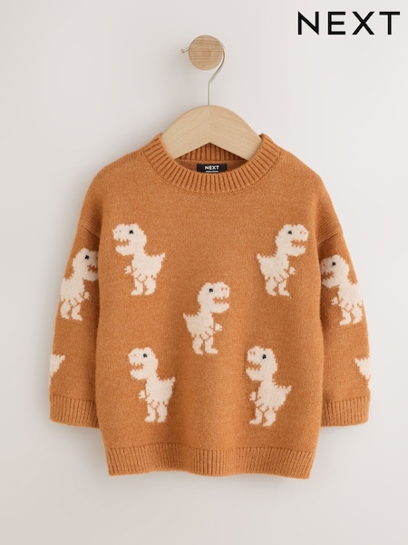 Tan Brown - All Over Character Knitted Crew Neck Jumper (3mths-7yrs)
