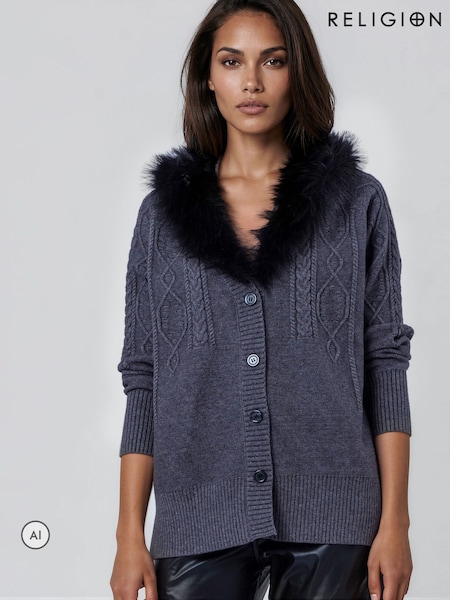 Gris - Cárdigan Clemence de punto trenzado con cuello de pelo desmontable de Religion