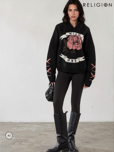 Black - Religion Layla Hoodie Jumper With Large Jaquard Rose Wild One Design