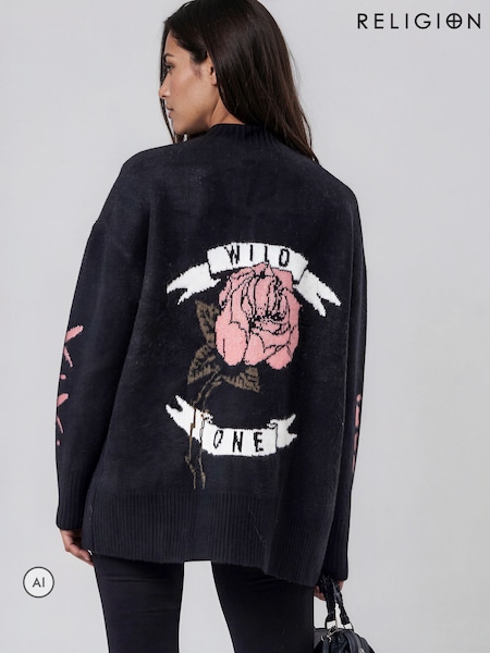 Black - Religion Nadia Rose Entarsia Graphic Cardigan With Shawl Collar