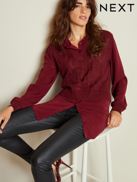 Red Pointelle Sparkle Knit Shirt Layer Jumper (180434) | €30