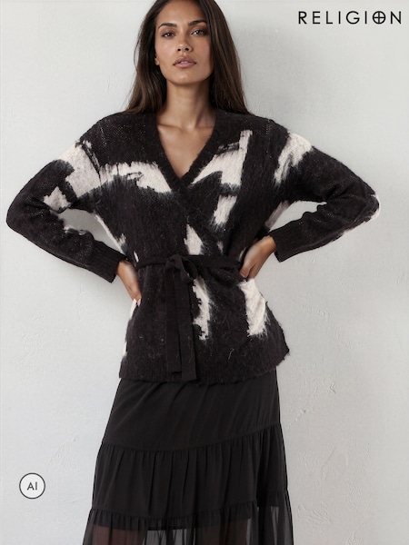 Black - Religion Bella Wrap Cardigan With Tie Waist And Soft Pink Pattern