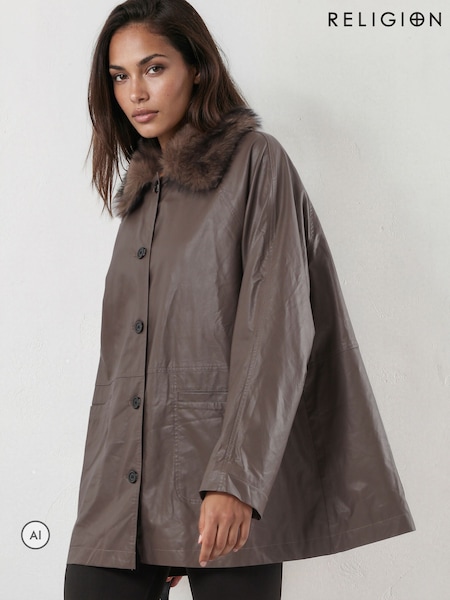 Grey - Religion Dark Leather Shirt Jacket With Detachable Fur Collar