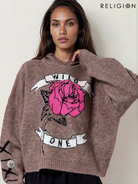 Natural - Religion Layla Hoodie Jumper With Large Jaquard Rose Wild One Design