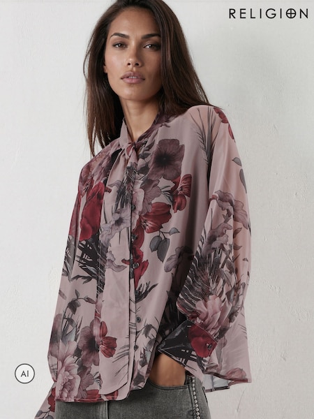 Pink - Religion Liv High Neck Button-thru Blouse With Tie Sash