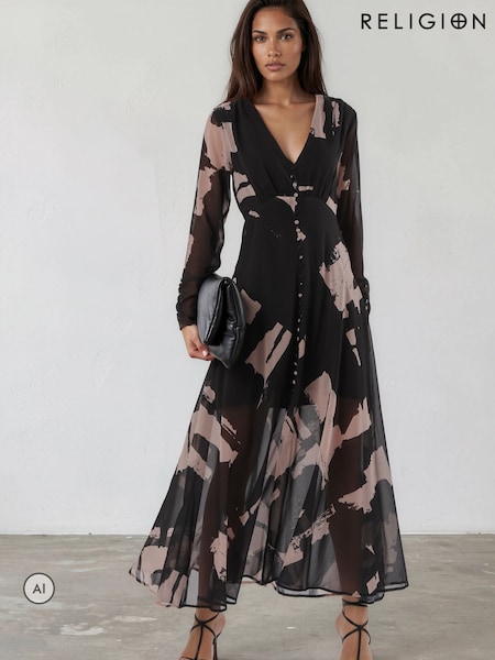 Svart Abstrakt Tryck - Religion Chloe Long Sleeved Maxi Dress With Button Detail